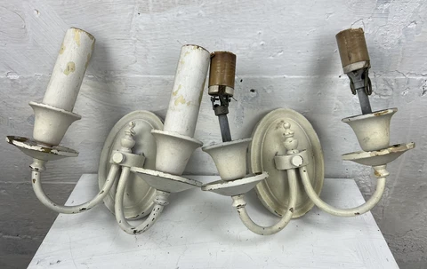 Pair Of Brass Shield Back Wall Sconces 2 Arm Antique Lighting Deco Metal Lot 2 Cover