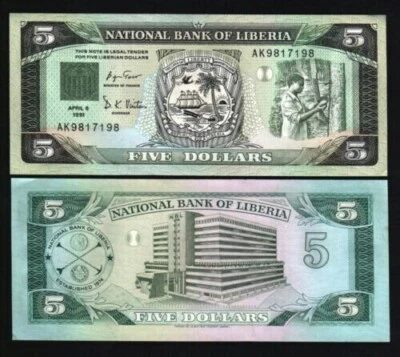 Liberia 5 DOLLARS P-20 1991 x 100 Pcs BUNDLE Lot UNC WorldCurrency Liberian NOTE - Image 1 of 3