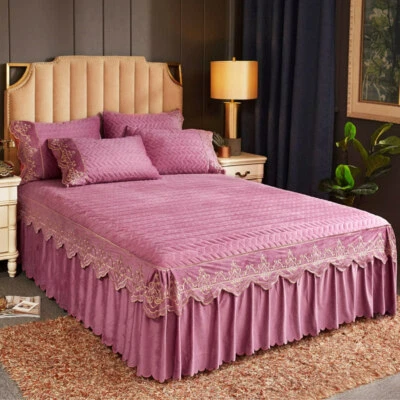 Crushed Velvet Elastic Bed Skirt Queen Qulited Bedspread Set King Full Bed Cover - Image 1 of 4