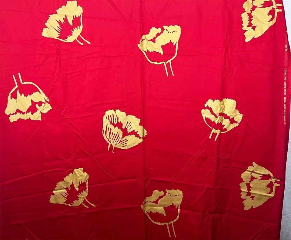 Marimekko Vintage "Myski" Dorado Metalizado Floral Algodón Tela Rojo Escandinavo Foto 1 de 4