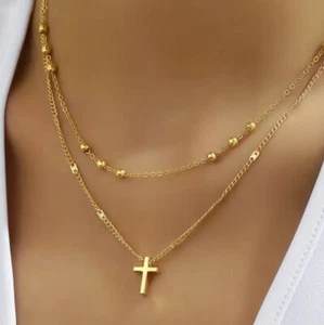 Halskette Kreuz Kette Damen Schmuck Perlen Doppelkette gold Kreuz Anhänger chic - Bild 1 von 4