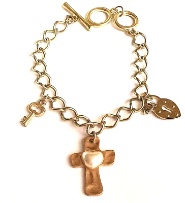 Pulsera Cruz Perla Llave Cerradura 8.25" Estilo Vintage Chapado en Oro Blanco Foto 1 de 4