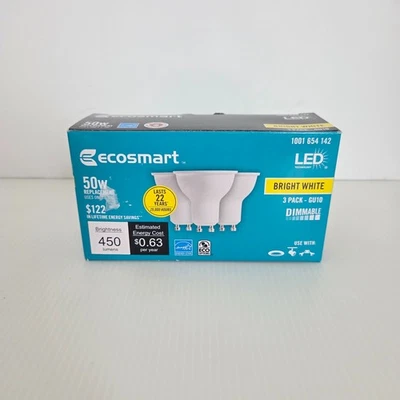 LED Bulbs 3 Pk EcoSmart 50 W/5.3 W Bright White 2 Pin GU10 Dimmable 1001 654 142 - Image 1 of 4