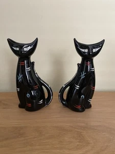 Pair Vintage 60’s Ceramic Black Cat Scoop Head Vase Candlesticks - Picture 1 of 6