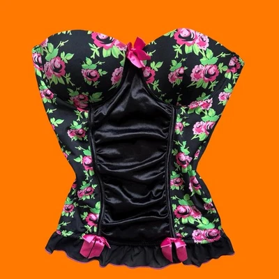 00's Vintage Negro y Rosa Rosa Floral Satén Tubo Top Y2k Bustier Corsé GRANDE Foto 1 de 4