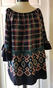 Camicetta tunica Madeline Sparklestein plaid pizzo stampa geometrica collo elasticizzato campana - Foto 1 di 12