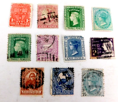Lote de 11 estampillas antiguas de Nueva Gales del Sur, como nuevas/usadas tipo troquel/perfecto marcado en la parte posterior Foto 1 de 2