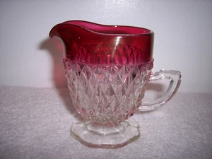 INDIANA GLASS RUBY STAINED DIAMOND POINT HANDLED PEDESTAL BASE CREAMER~~#1 - Picture 1 of 6