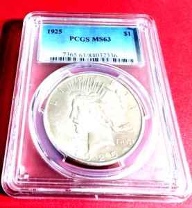 1925 PCGS MS63 Peace Silver Dollar $1  MS-63,  "Appears proof like" - Picture 1 of 5