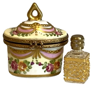 LIMOGES PEINT MAIN Schmuckschatulle FLORAL ROSES/ SWAG-ORNATE PARFÜMFLAKON-RIBIERRE - Bild 1 von 9