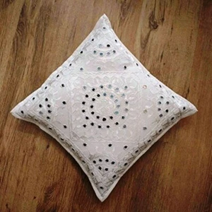 White Silk Embroidered, Mirror Work Bedding Cotton Made SQUARE Euro Sham,Cushion - Picture 1 of 5
