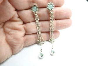Green Blue Rhinestone Silver Tone Metal Chain Dangle Pierced Earrings Vintage - Picture 1 of 3