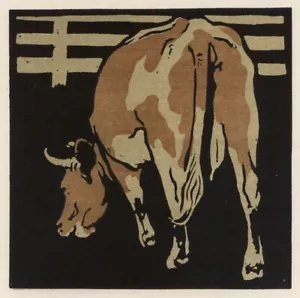 William Nicholson 1899 British Modernist Animal Woodcut Cow Print to Frame Decor - Picture 1 of 2