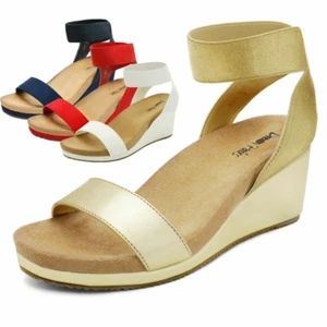 Women Summer Open Toe Sandals Elastic Ankle Strap Platform Wedge Sandals - Picture 1 of 29