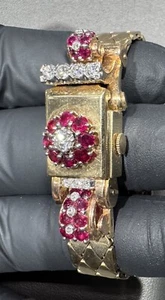 ESKA 14k ROSE/GOLD/PLATINUM/DIAMOND/RUBY ART DECO WATCH 1940s NICE!! 50.54G - Picture 1 of 24