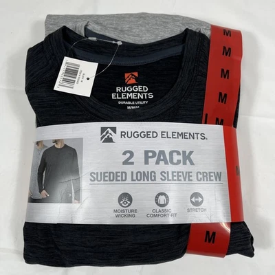 2-Pack Rugged Elements Sueded Long Sleeve Crew Tee, Mens Medium, Black Gray, NEW - Image 1 of 4