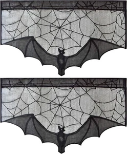 2 Stück Schwarze Spitze Fledermaus & Spinnennetz Halloween Vorhänge - Bild 1 von 5