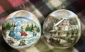 Vtg 1980s 2 Silk Satin Christmas Tree Balls 3" Teacher & Curries/Ives Homestead - Picture 1 of 11