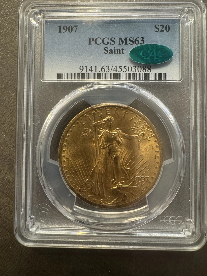 1907 $20 Saint Gaudens. Oro. Certificación CAC PCGS MS63 Foto 1 de 4