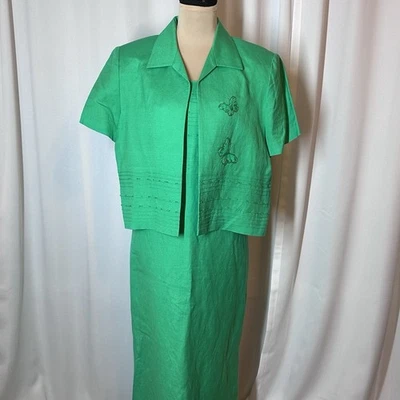 Conjunto de Vestido y Chaqueta Jessica Howard Talla 14P Maxi Lino Forrado Con Cuentas Mariposas Usado en Excelente Condición Foto 1 de 4