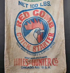 Avviamento pulcini pettine rosso 100 libbre Borsa mangime vintage 21x39" Chicago USA Hales & Hunter Co - Foto 1 di 10