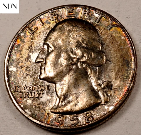 1958 TYB Washington Quarter - Gem BU (toned) - 90% Silver - Type B Reverse #Q604 Cover