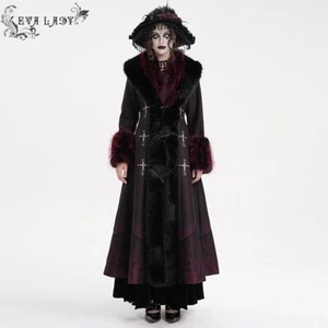 Eva Lady Damen schwarz und rot Vintage Gothic Revers Kunstfell Winter warm lang Mantel - Bild 1 von 25