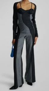 $485 Elleme Paris Women Black Gray Wool Striped Wavy Wide-Leg Jumpsuit Size 40 - Picture 1 of 3
