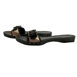 BURBERRY WOMEN CHECK BLACK PATENT LEATHER BUCKLE SLIDES CLOGS FLAT SANDALS - 39 - Picture 1 of 12