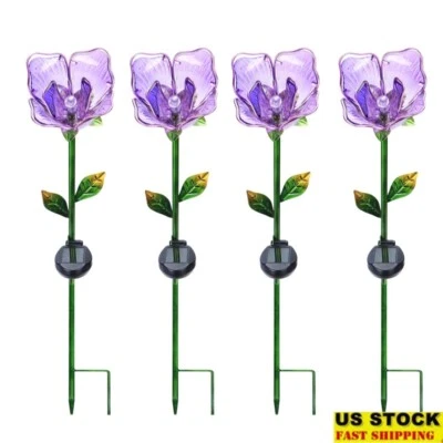 Solar Powered Glass Flower Garden Stakes Set of 4 Outdoor Decor Lighting Purple - Image 1 of 4
