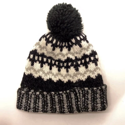 Antiguo Sombrero Pom de Invierno Tejido con Patrón de Línea Squggily Azul Marino Negro Blanco Gris Foto 1 de 4