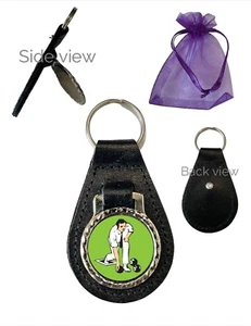 Bowling Male Lawn Blower Genuine Black Leather Domed Keyring - Picture 1 of 2