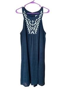 Liz Lange Maternity Dress Sleeveless Blue Geometric Embroidered Sz L Lined Flowy - Picture 1 of 12