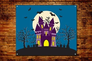 Halloween Haunted House Cemetery Bats & Trees Vinyl Banner 4ft x 3ft - Picture 1 of 2