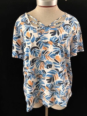 Coral Bay knit top Size L short sleeve pullover blue orange leaves - Image 1 of 4