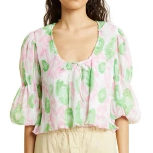 Ganni Kurzarm Plissee Georgette U-Ausschnitt Bluse in Rosa Tüll 36 - Bild 1 von 8
