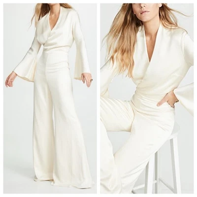 Alexis Raine 象牙色缎面阔腿连身裤 XS 新娘婚礼派对晚礼服 — 第 1/4 张图片