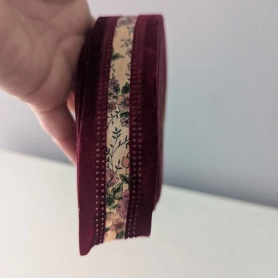 Vintage Velvet Trim Floral Tan Burgundy Ribbon 1.5" Wide Christmas Holiday - Image 1 of 4