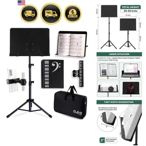 Music Sheet Stand Metal Stand with Phone Holder Folder Clip Carrying Bag - Picture 1 of 8