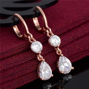 Pretty New 18K Rose Gold Filled Clear Round & Teardrop CZ Dangle Drop Earrings - Picture 1 of 6