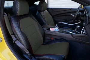 CHEVY CAMARO 2016- BLACK/CHARCOAL VINYL CUSTOM MADE FIT FRONT SEATCOVERS - Picture 1 of 4
