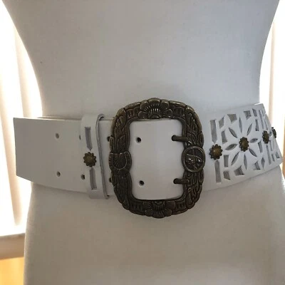 Hermoso cinturón de cuero blanco genuino para mujer adornado con hebilla de metal talla L N5 Foto 1 de 4