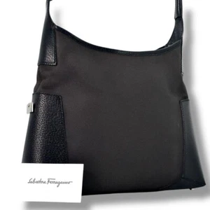 Borsa a tracolla Salvatore Ferragamo borsetta tela pelle nera usata ex+ originale JPN - Foto 1 di 19