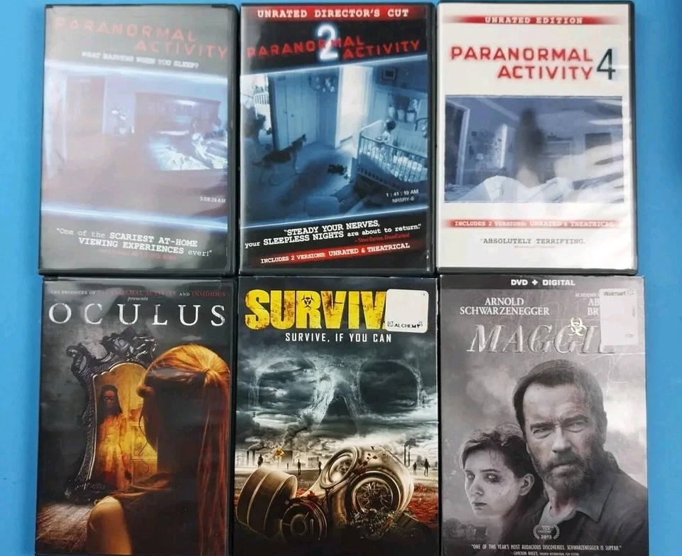 Lot of 6 Horror DVDs Paranormal Activity 1 2 & 4 Oculus Survive Maggie Foto 1 de 4