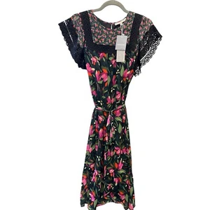 Danielrainn Dress Floral Red Green Black Short Sleeve Square Neck Lace - Picture 1 of 14