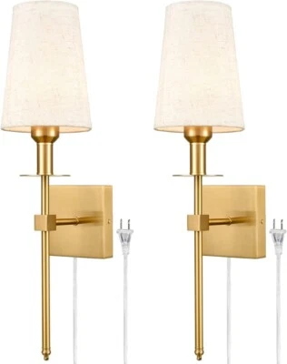 CLAXY Gold Wall Sconces Set of Two Plug in Sconces Wall Lighting with Fabric Shade