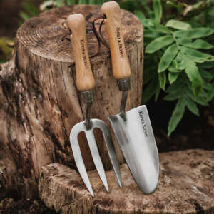 Kent & Stowe Stainless Steel Hand Trowel and Fork Set with Ash Wood Handles