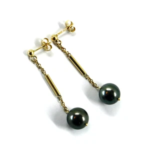 ORECCHINI PENDENTI ORO GIALLO, 18K, CON PERLA TAHITIANA DA 9.5 MM E TUBI, 4.5 CM - Foto 1 di 8