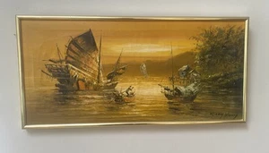 VINTAGE OIL PAINTING ON CANVAS SIGNED SAILBOATS SEASIDE HONG KONG CHINESE JUNKS - Picture 1 of 21