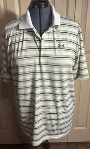 Men’s Underarmour Polo Short Sleeve Sz Lg White W/ Yellow And Grey Stripes - Picture 1 of 9